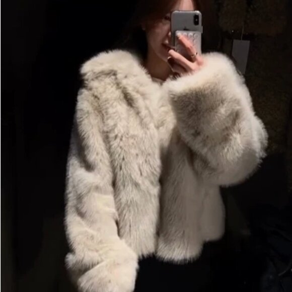 Zara Women Short Faux Fur High Neck Coat Light Beige Cream XS 5320/725 New - Picture 7 of 15